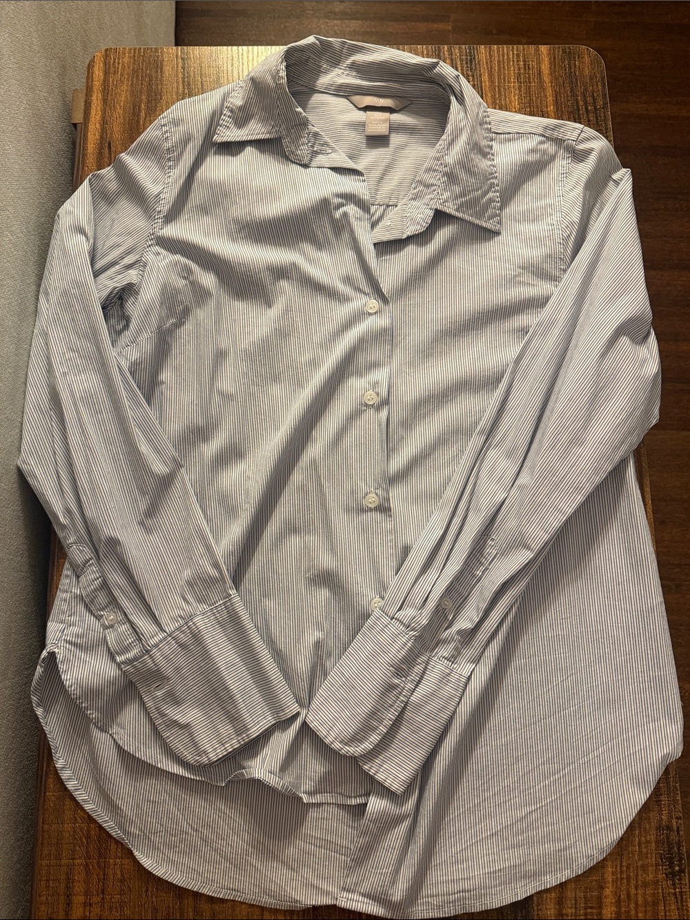 H&M Women's Light Blue and White Pinstripe Button-Down Shirt